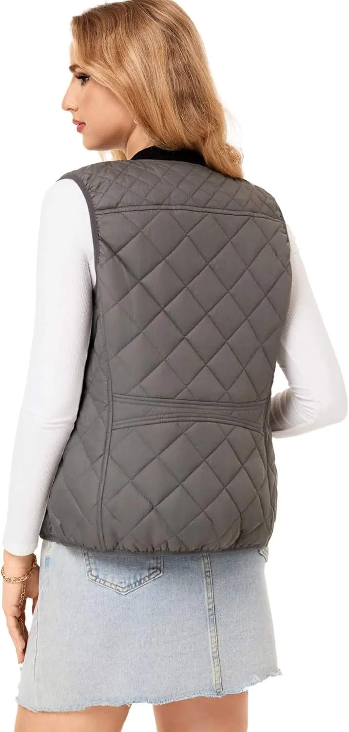 Fuinloth Women's Quilted Vest, Rib Collar Lightweight Zip Padded Gilet