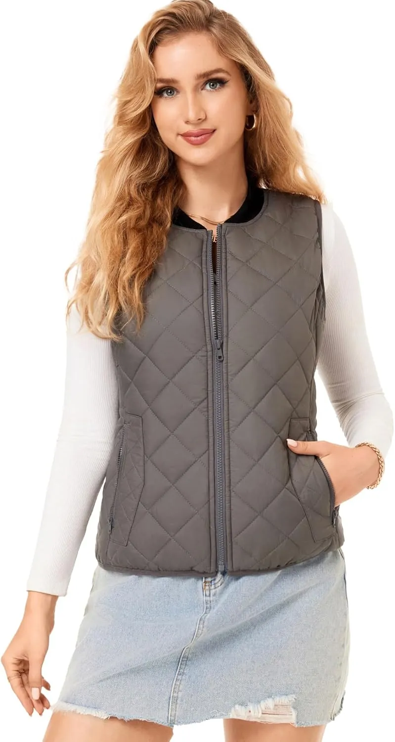 Fuinloth Women's Quilted Vest, Rib Collar Lightweight Zip Padded Gilet
