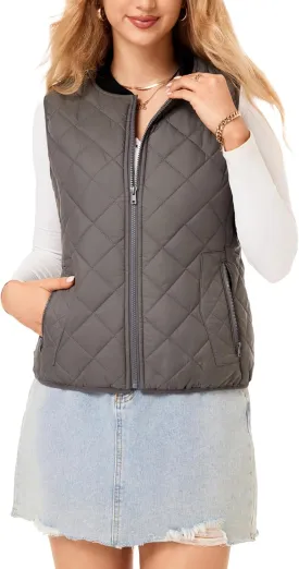 Fuinloth Women's Quilted Vest, Rib Collar Lightweight Zip Padded Gilet