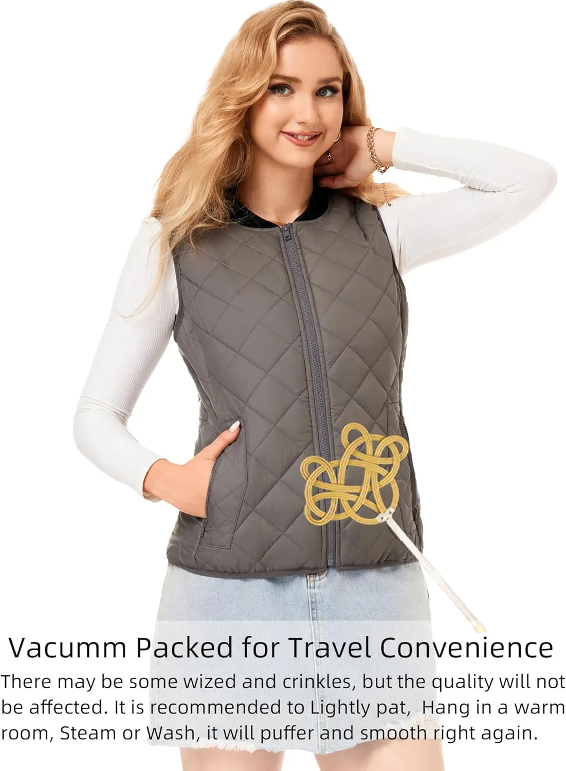 Fuinloth Women's Quilted Vest, Rib Collar Lightweight Zip Padded Gilet