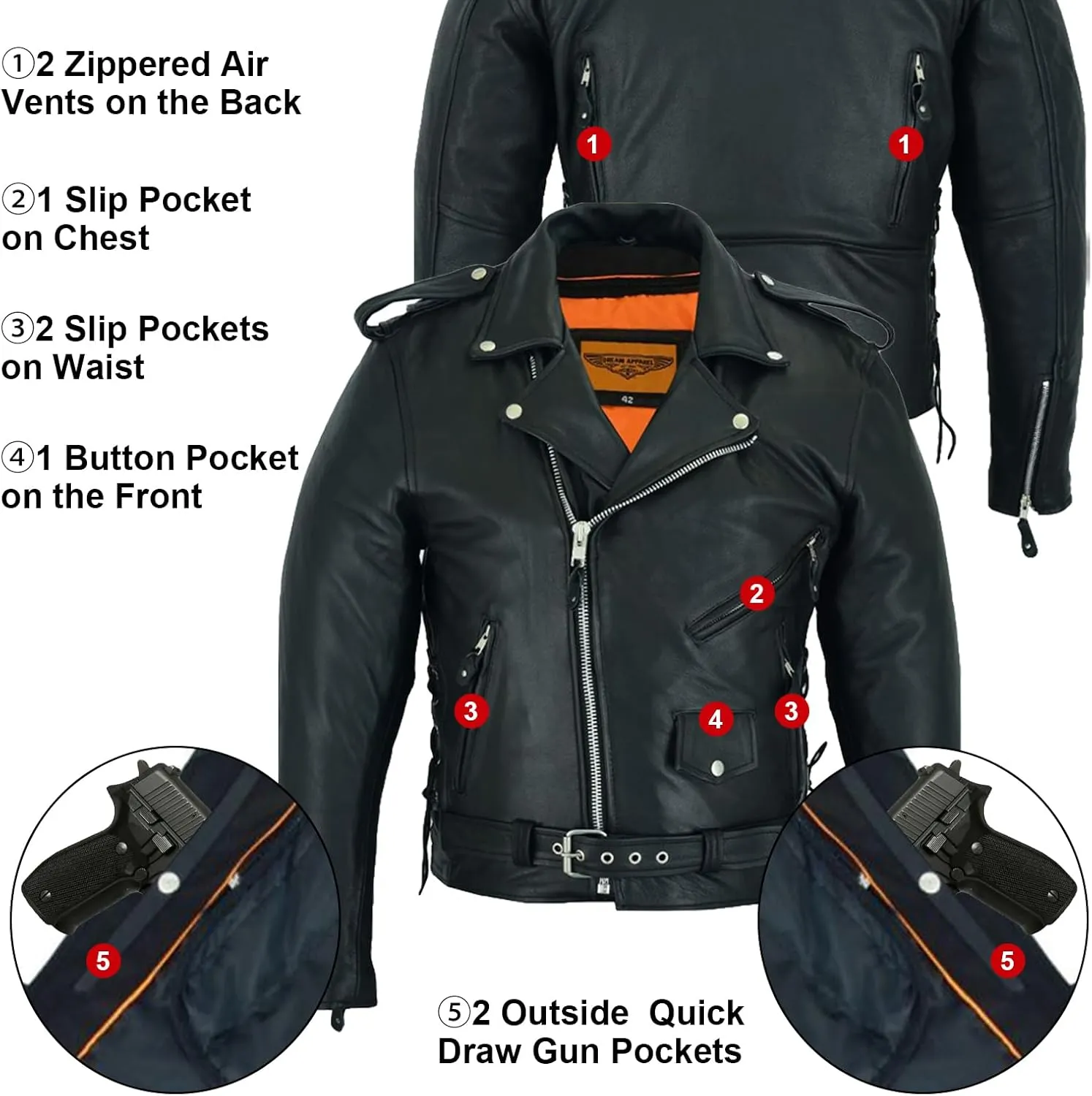 GARGOYLE BELLS Mens Genuine Leather Jacket Motorcycle Racer Jackets Zip-Up Biker Coat for Men with Multiple Pocket