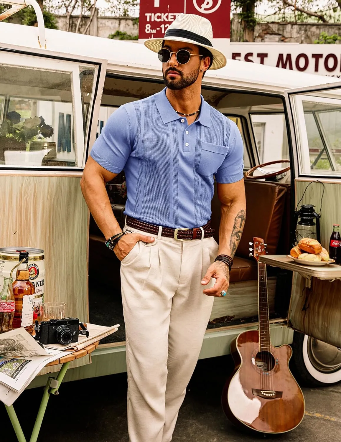 GRACE KARIN Men's Knit Polo Shirts Short Sleeve Texture Lightweight Golf Shirts Sweater
