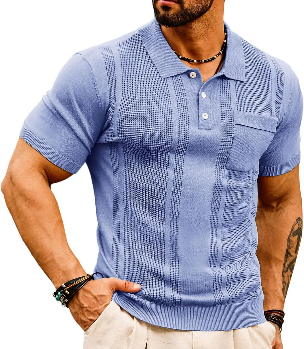 GRACE KARIN Men's Knit Polo Shirts Short Sleeve Texture Lightweight Golf Shirts Sweater