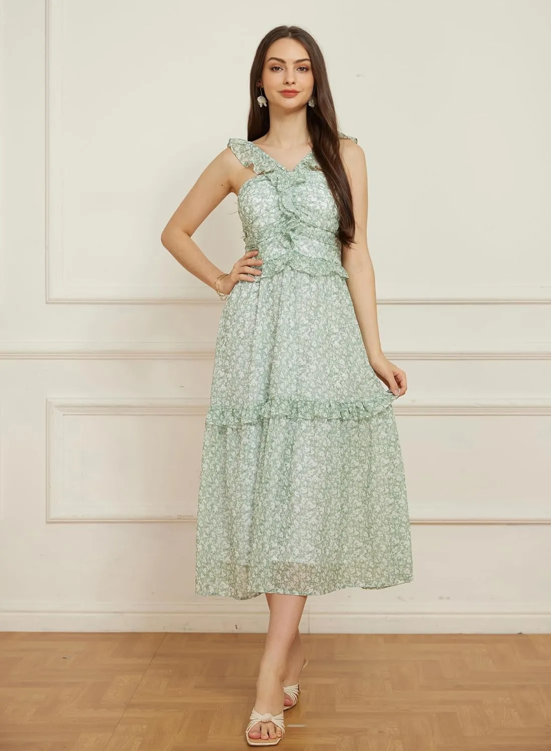 GRACE KARIN Womens Summer Boho Floral Tiered Dress Strap A Line Swing Flowy Midi Dress Ruffle Beach Wedding Guest Dress