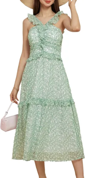 GRACE KARIN Womens Summer Boho Floral Tiered Dress Strap A Line Swing Flowy Midi Dress Ruffle Beach Wedding Guest Dress