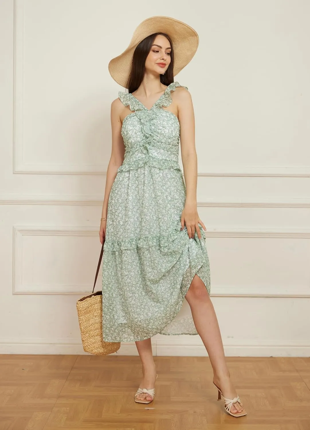 GRACE KARIN Womens Summer Boho Floral Tiered Dress Strap A Line Swing Flowy Midi Dress Ruffle Beach Wedding Guest Dress