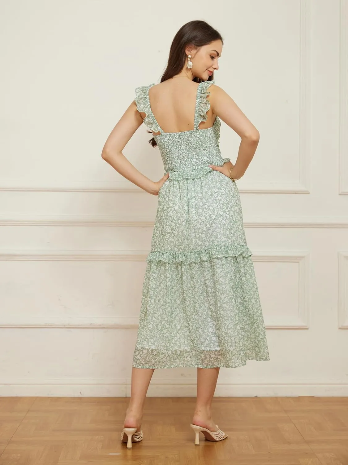 GRACE KARIN Womens Summer Boho Floral Tiered Dress Strap A Line Swing Flowy Midi Dress Ruffle Beach Wedding Guest Dress