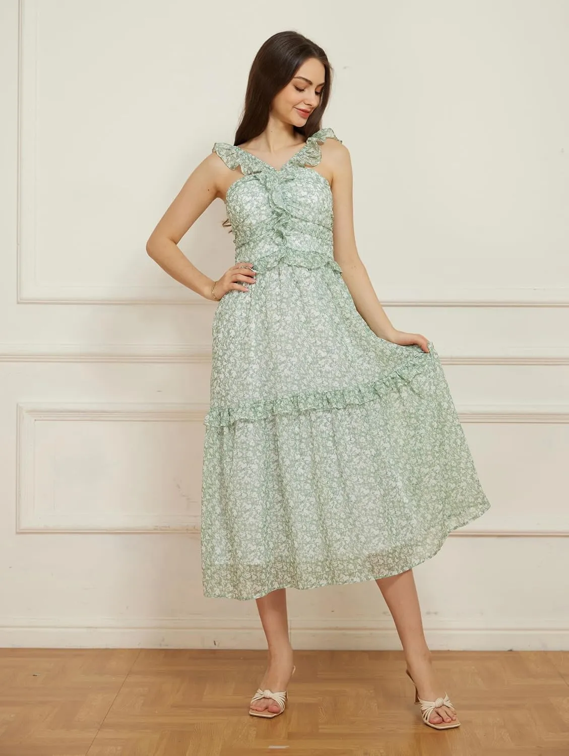 GRACE KARIN Womens Summer Boho Floral Tiered Dress Strap A Line Swing Flowy Midi Dress Ruffle Beach Wedding Guest Dress
