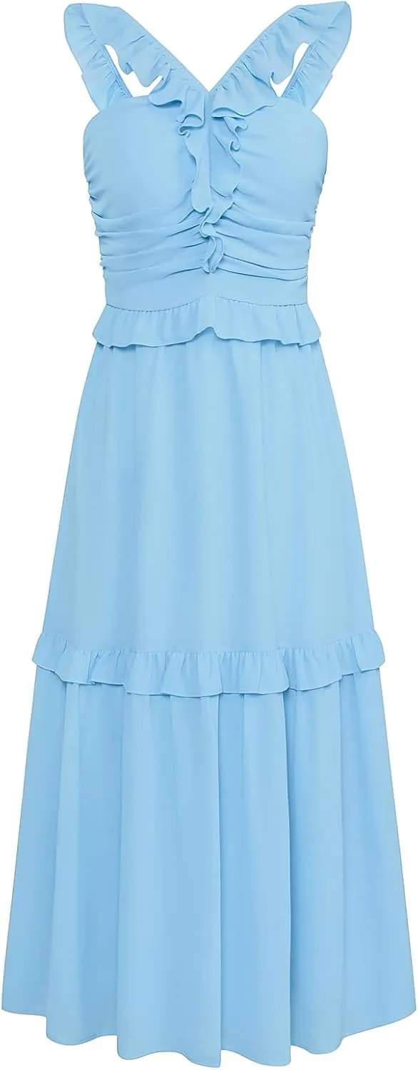 GRACE KARIN Womens Summer Boho Floral Tiered Dress Strap A Line Swing Flowy Midi Dress Ruffle Beach Wedding Guest Dress