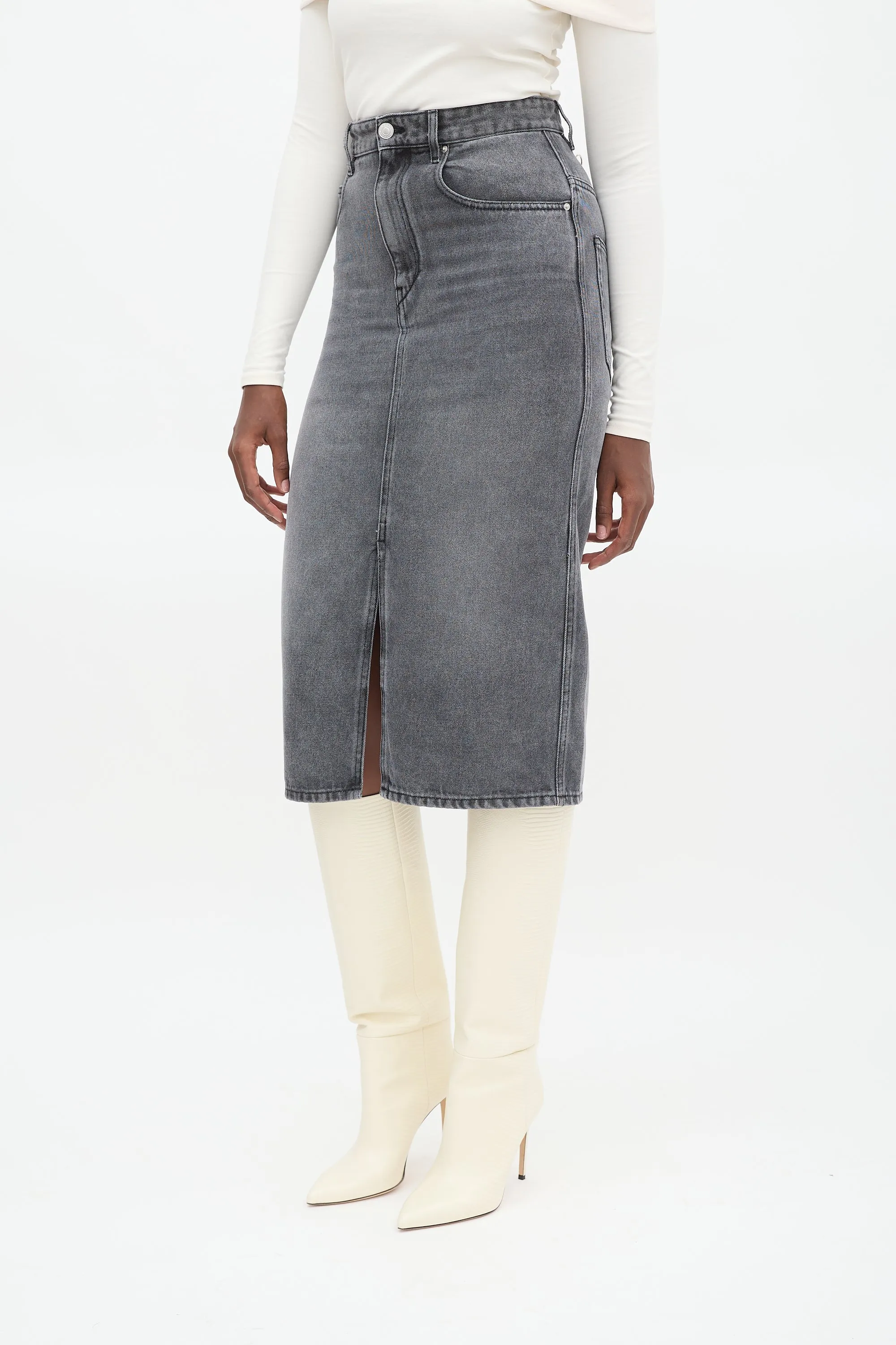 Grey Denim Tilauria Midi Skirt