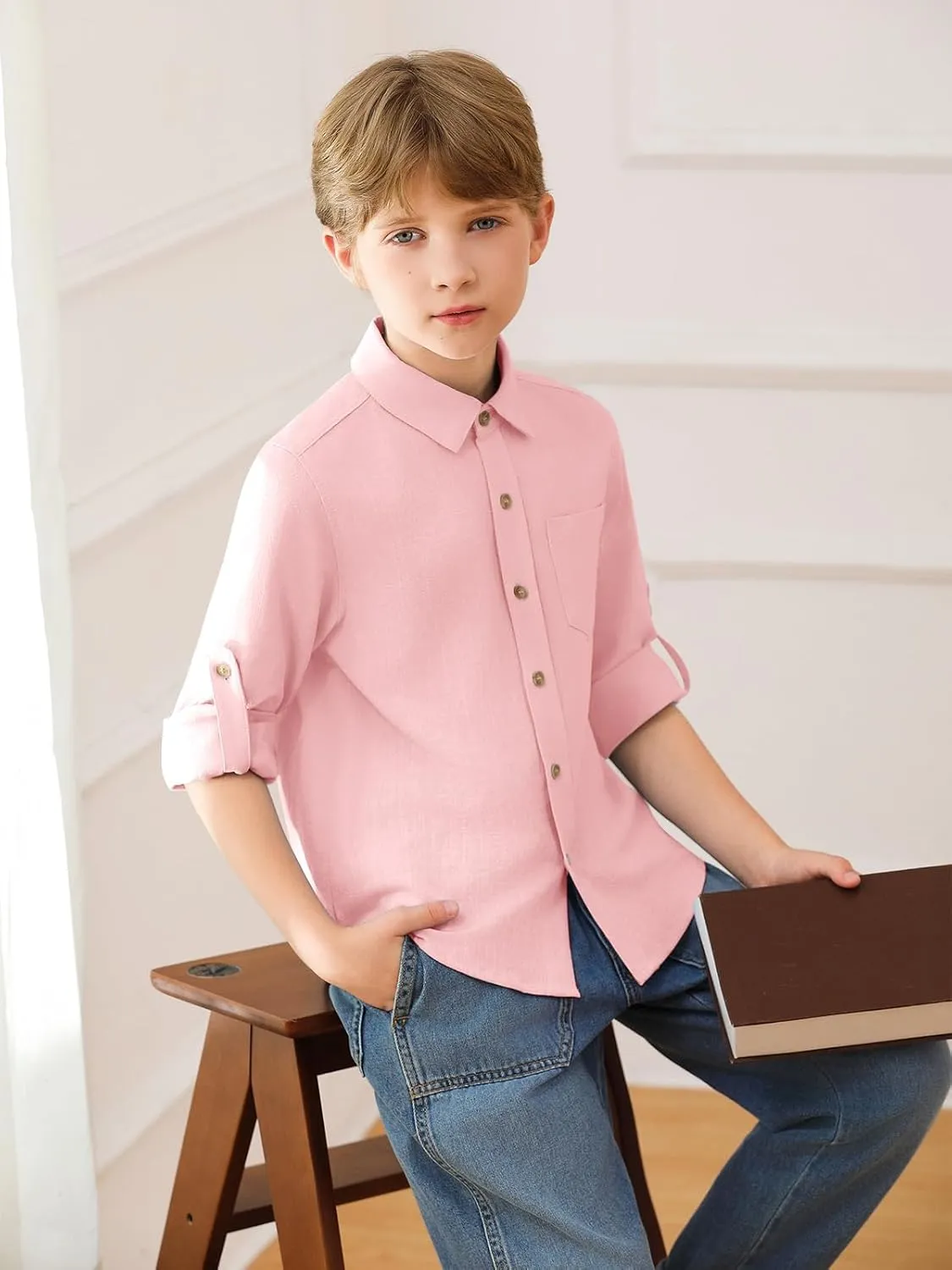 Haloumoning Boys Linen Button Down Dress Shirt Kids Long Sleeve Shirts Tops with Chest Pocket 5-14 Years