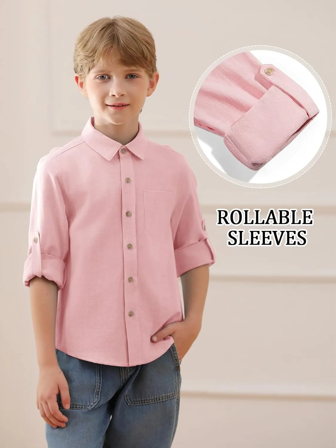 Haloumoning Boys Linen Button Down Dress Shirt Kids Long Sleeve Shirts Tops with Chest Pocket 5-14 Years