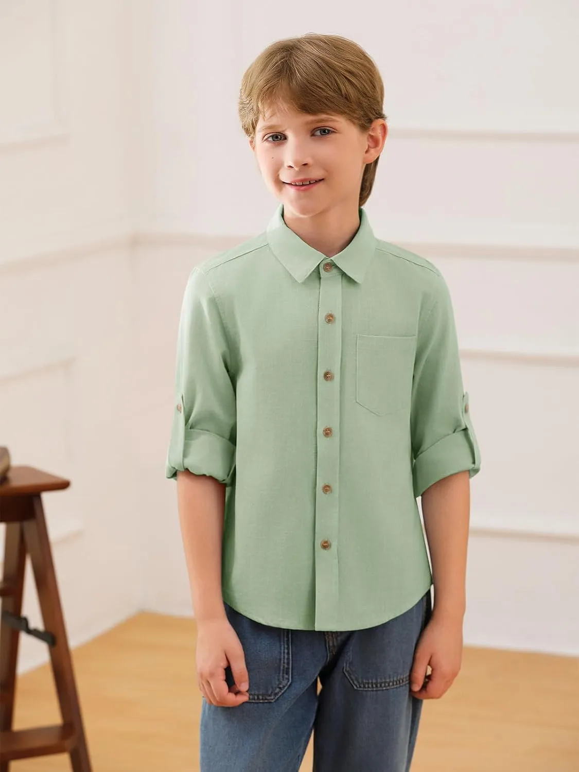 Haloumoning Boys Linen Button Down Dress Shirt Kids Long Sleeve Shirts Tops with Chest Pocket 5-14 Years