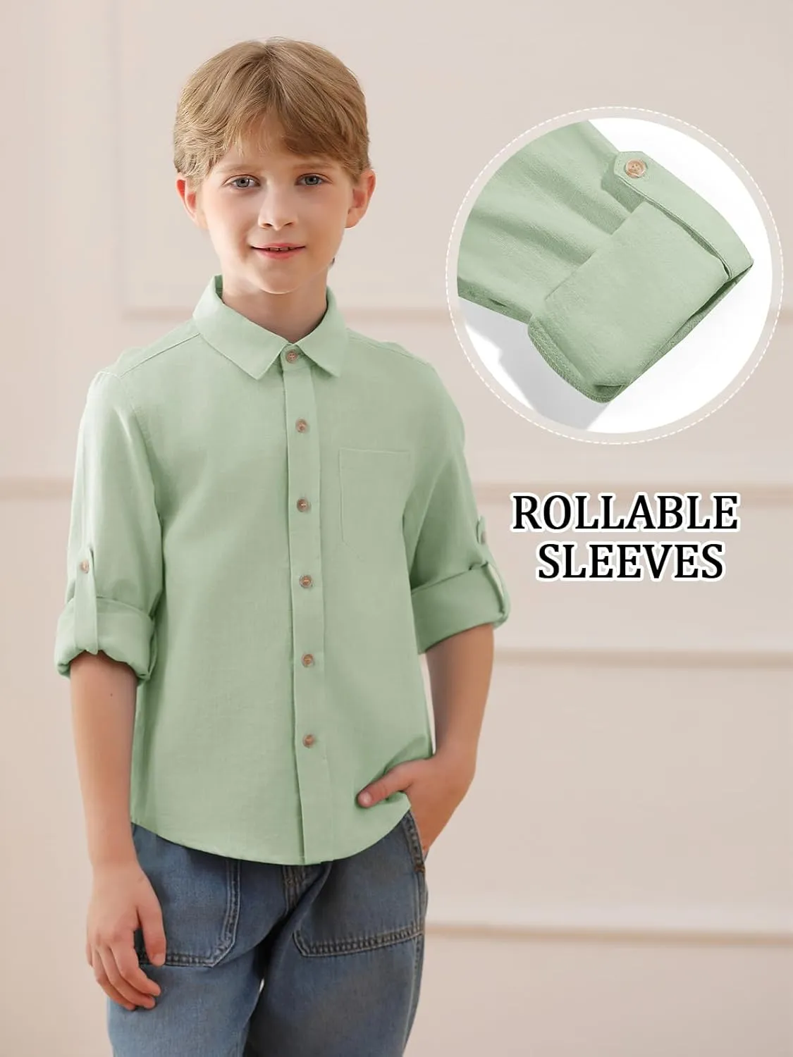 Haloumoning Boys Linen Button Down Dress Shirt Kids Long Sleeve Shirts Tops with Chest Pocket 5-14 Years