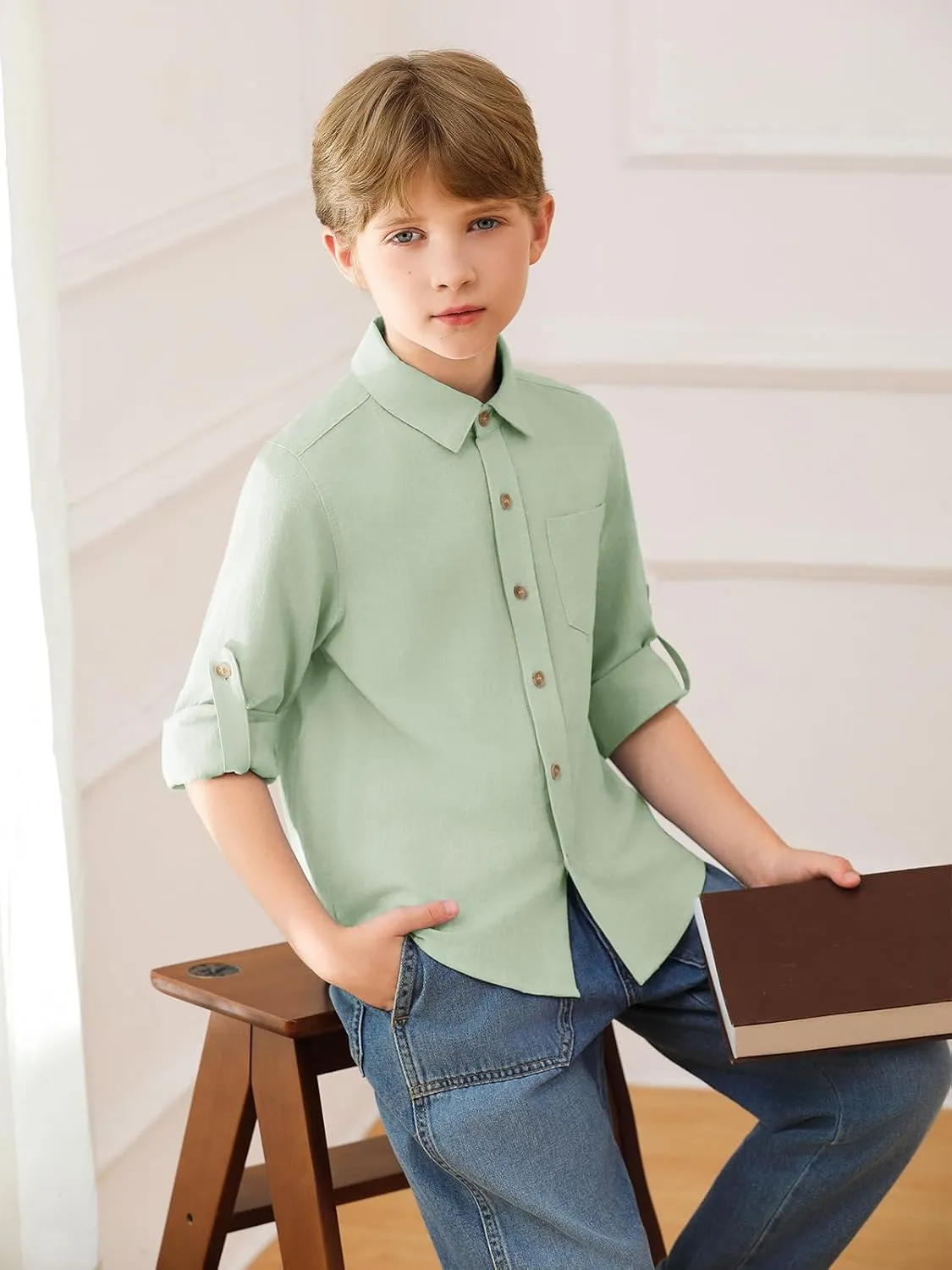 Haloumoning Boys Linen Button Down Dress Shirt Kids Long Sleeve Shirts Tops with Chest Pocket 5-14 Years