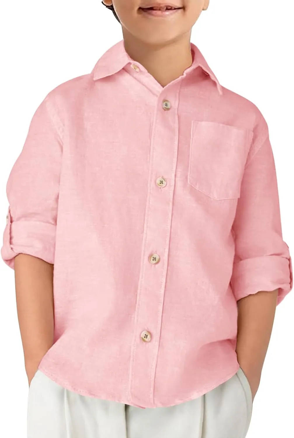 Haloumoning Boys Linen Button Down Dress Shirt Kids Long Sleeve Shirts Tops with Chest Pocket 5-14 Years