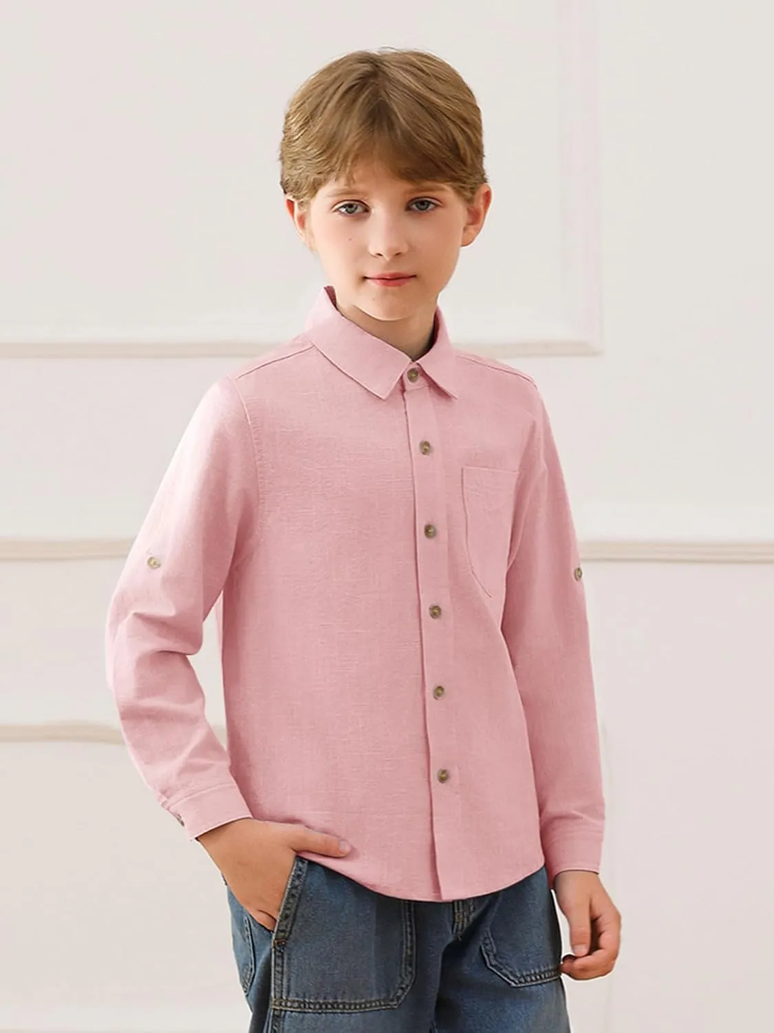 Haloumoning Boys Linen Button Down Dress Shirt Kids Long Sleeve Shirts Tops with Chest Pocket 5-14 Years