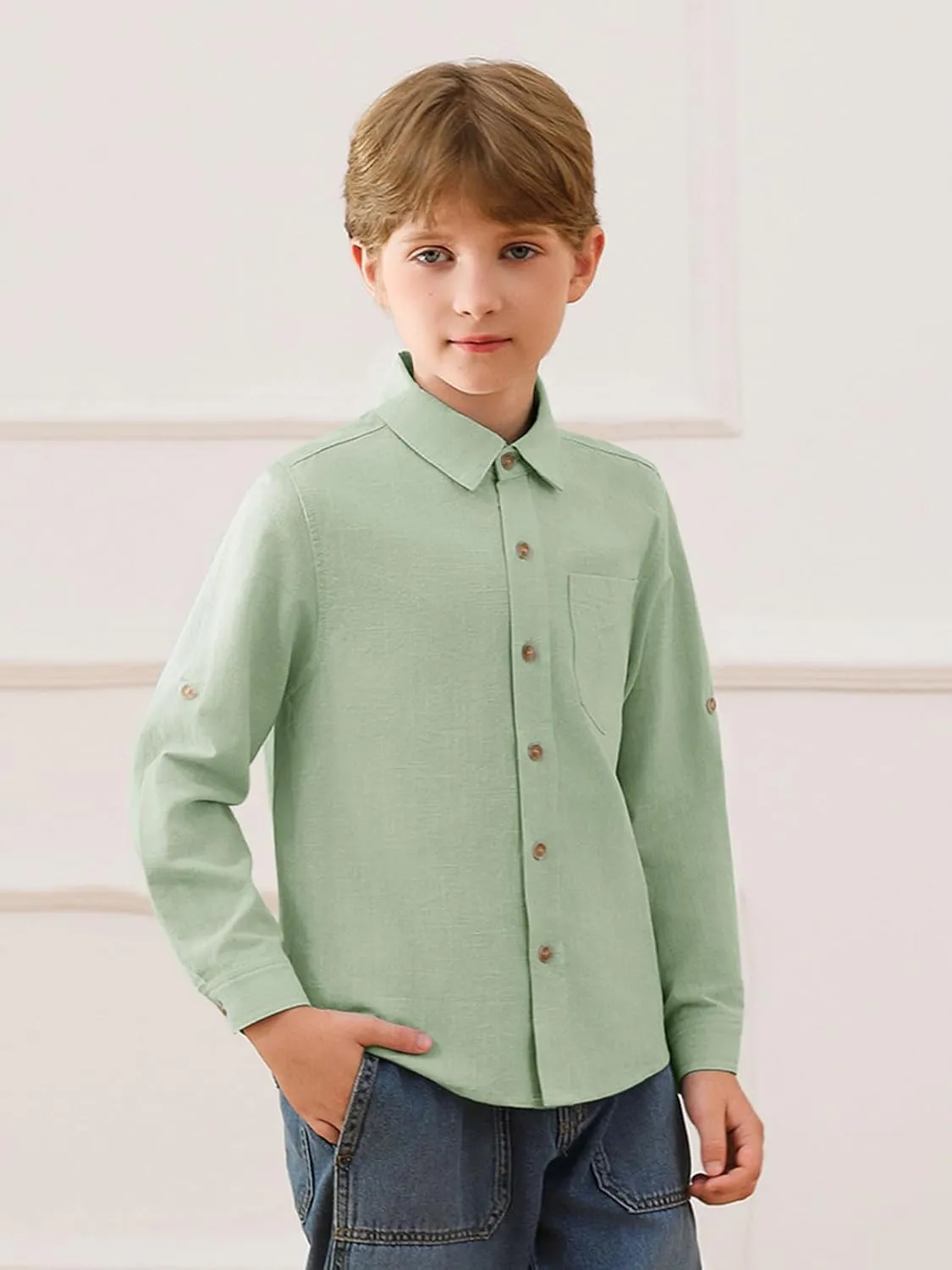 Haloumoning Boys Linen Button Down Dress Shirt Kids Long Sleeve Shirts Tops with Chest Pocket 5-14 Years