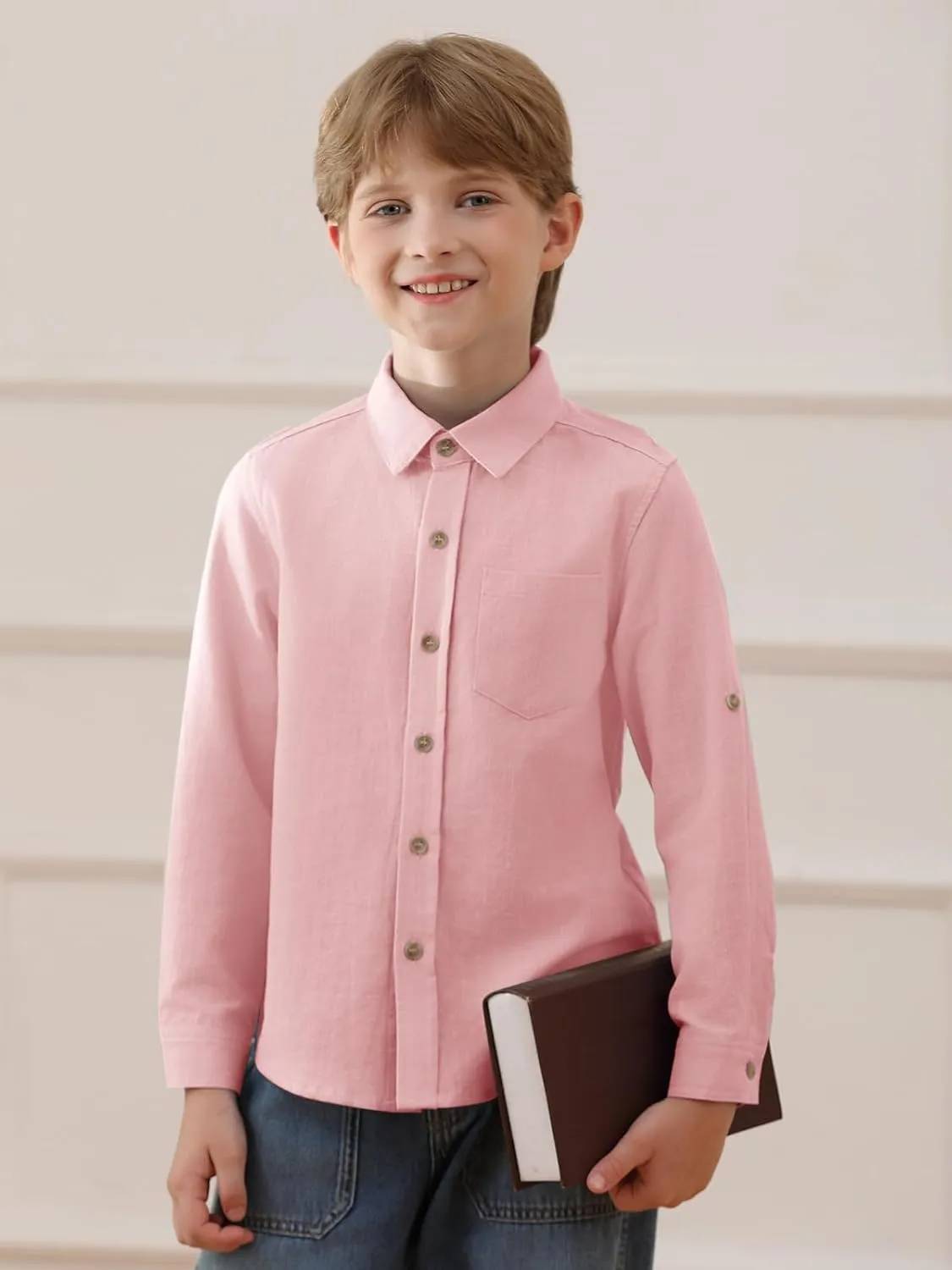 Haloumoning Boys Linen Button Down Dress Shirt Kids Long Sleeve Shirts Tops with Chest Pocket 5-14 Years