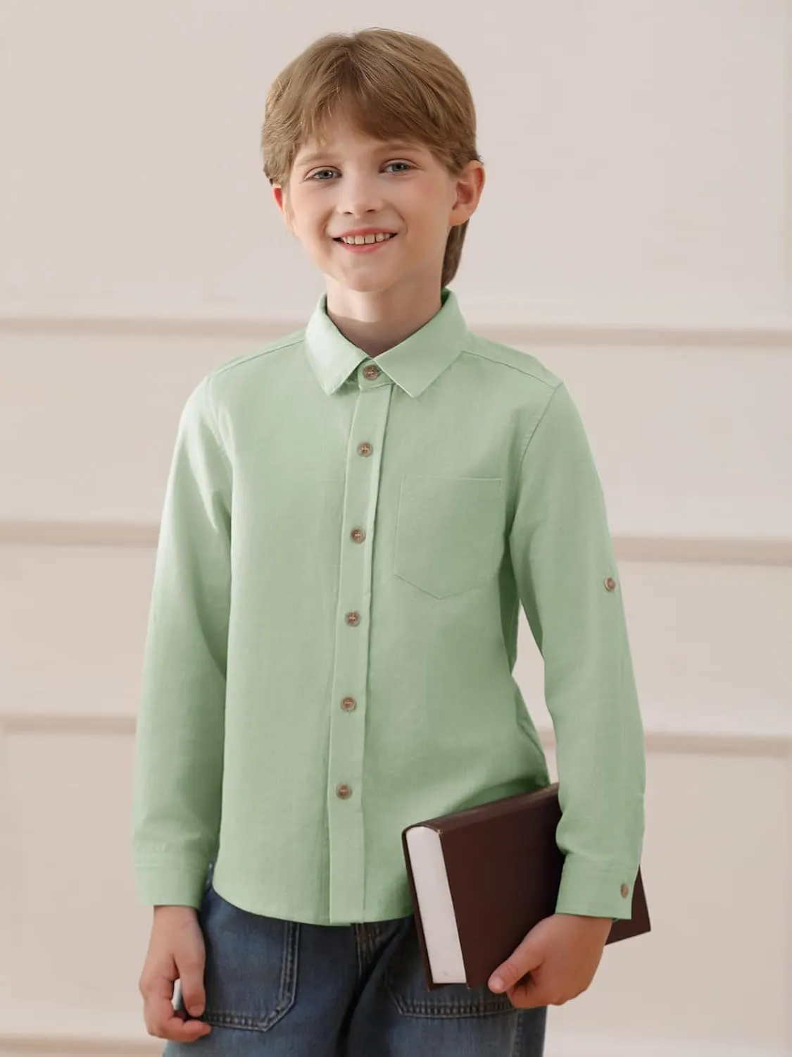 Haloumoning Boys Linen Button Down Dress Shirt Kids Long Sleeve Shirts Tops with Chest Pocket 5-14 Years