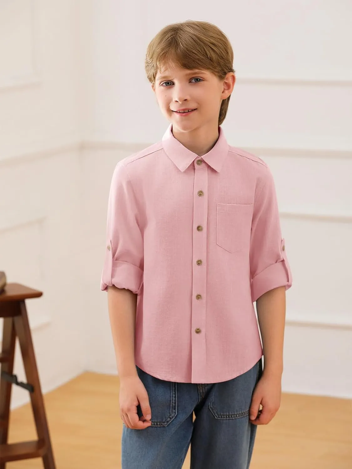 Haloumoning Boys Linen Button Down Dress Shirt Kids Long Sleeve Shirts Tops with Chest Pocket 5-14 Years