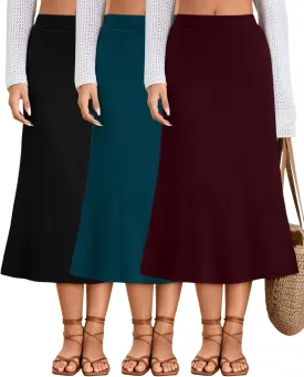 Huukeay 3 Pack Women's Midi Skirts with Pockets A Line Flared Stretchy High Waist Below Knee Skirt Dressy Summer Casual