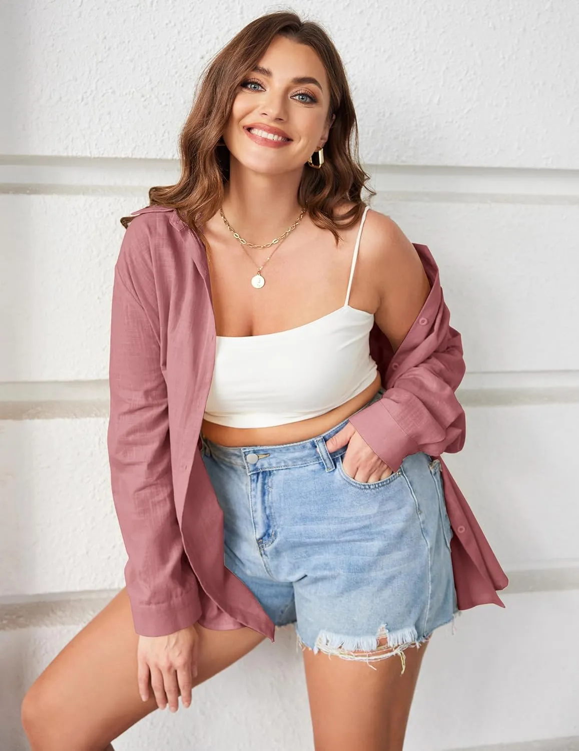 IN'VOLAND Womens Plus Size Button Down Shirt Linen Collared Shirt Long Sleeve Cotton Button Front Shirt Work Blouse Tops