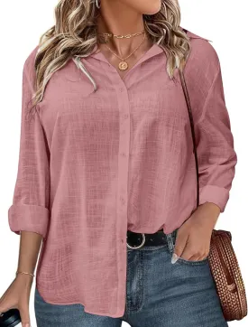 IN'VOLAND Womens Plus Size Button Down Shirt Linen Collared Shirt Long Sleeve Cotton Button Front Shirt Work Blouse Tops