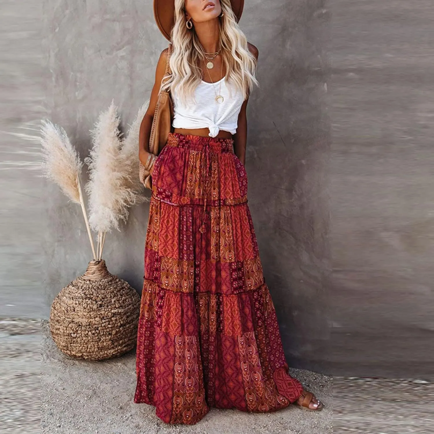 Long Skirts for Women Summer Floral High Waisted Casual A Line Skirt Pleated Beach Flowy Boho Maxi Skirt with Pockets