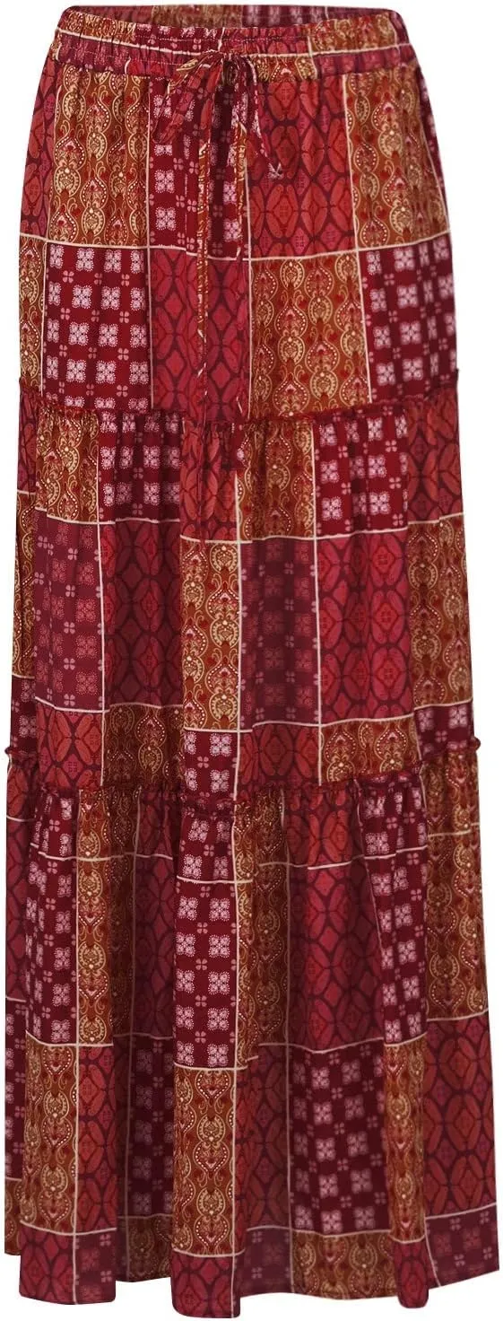 Long Skirts for Women Summer Floral High Waisted Casual A Line Skirt Pleated Beach Flowy Boho Maxi Skirt with Pockets