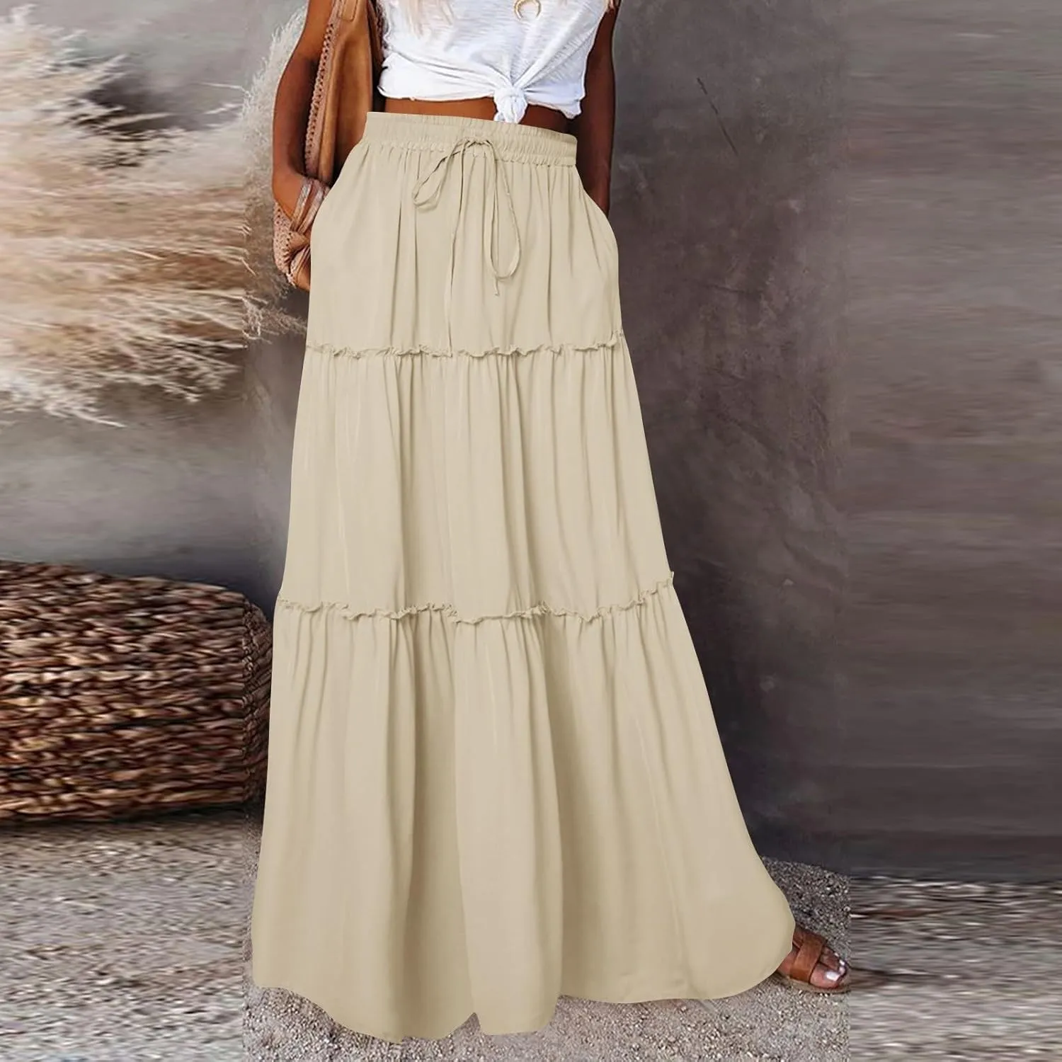 Long Skirts for Women Summer Floral High Waisted Casual A Line Skirt Pleated Beach Flowy Boho Maxi Skirt with Pockets