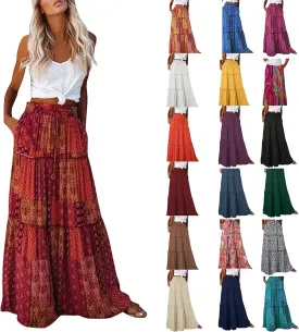 Long Skirts for Women Summer Floral High Waisted Casual A Line Skirt Pleated Beach Flowy Boho Maxi Skirt with Pockets