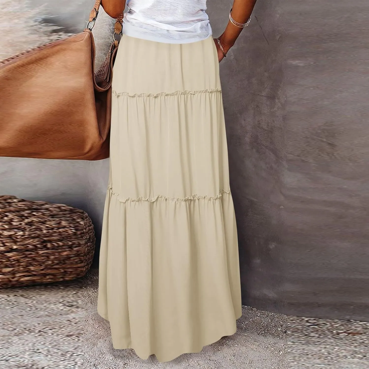 Long Skirts for Women Summer Floral High Waisted Casual A Line Skirt Pleated Beach Flowy Boho Maxi Skirt with Pockets