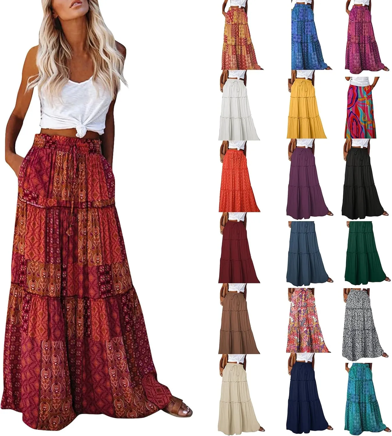 Long Skirts for Women Summer Floral High Waisted Casual A Line Skirt Pleated Beach Flowy Boho Maxi Skirt with Pockets
