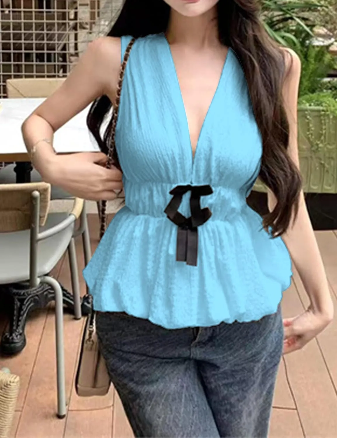 Lumister Womens Vest Top Bow V Neck Sleeveless Blouse Pleated Ruffle Peplum Babydoll Tops Tank Summer Shirt