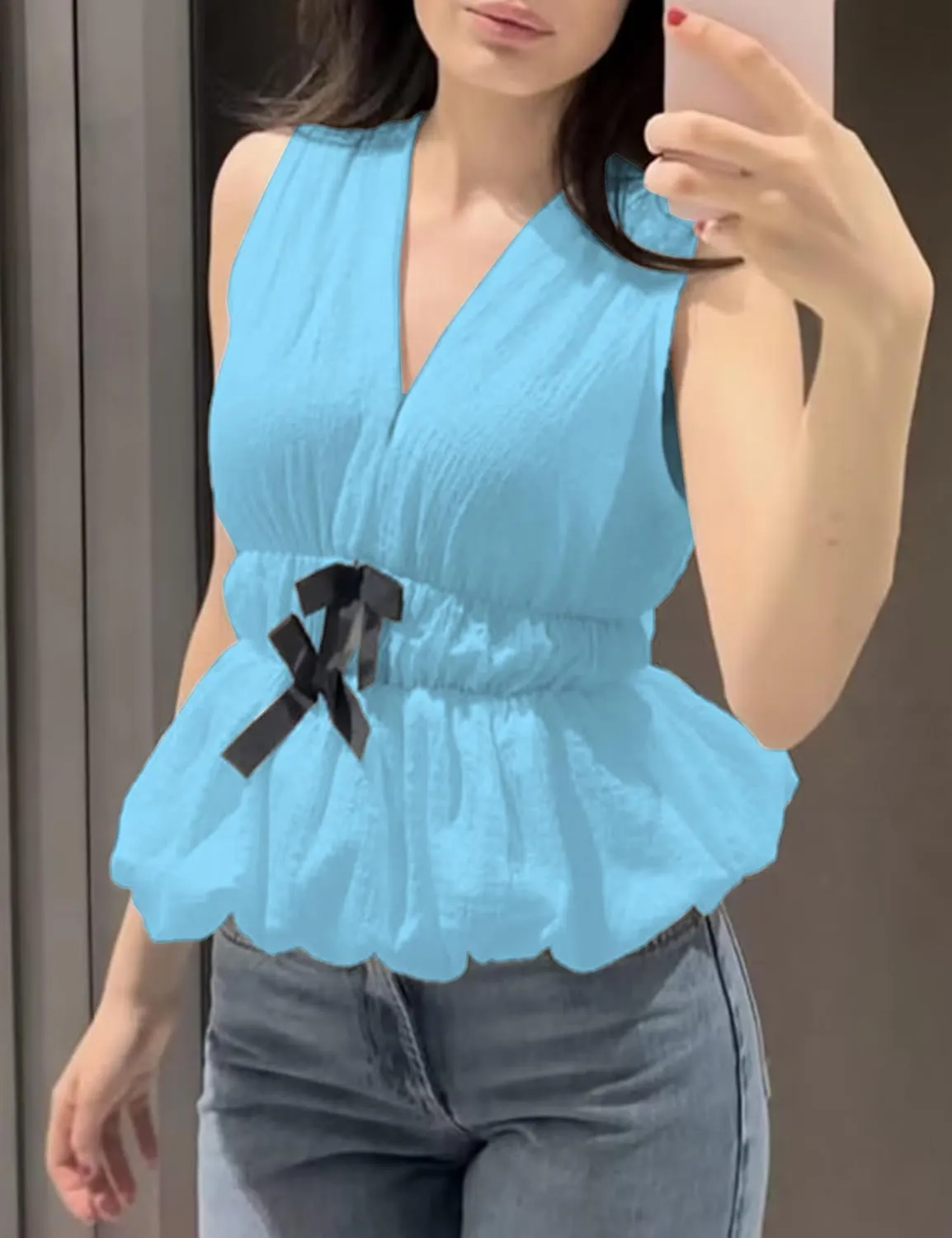 Lumister Womens Vest Top Bow V Neck Sleeveless Blouse Pleated Ruffle Peplum Babydoll Tops Tank Summer Shirt