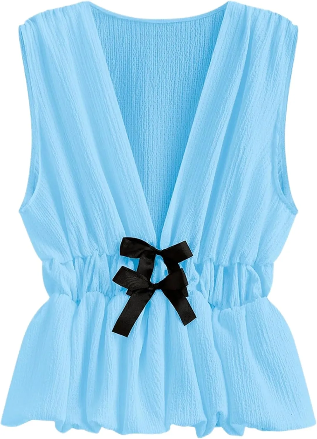 Lumister Womens Vest Top Bow V Neck Sleeveless Blouse Pleated Ruffle Peplum Babydoll Tops Tank Summer Shirt