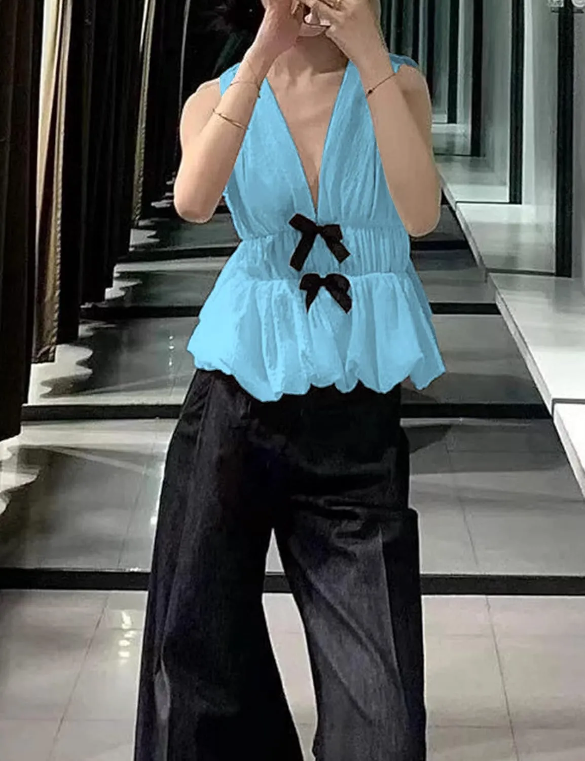 Lumister Womens Vest Top Bow V Neck Sleeveless Blouse Pleated Ruffle Peplum Babydoll Tops Tank Summer Shirt