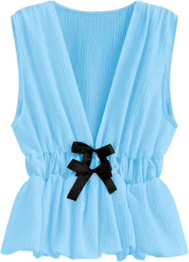 Lumister Womens Vest Top Bow V Neck Sleeveless Blouse Pleated Ruffle Peplum Babydoll Tops Tank Summer Shirt