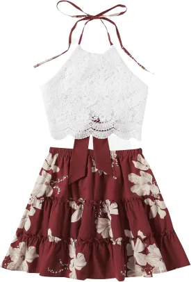 LYANER Women's 2 Piece Outfits Summer Lace Halter Cami Crop Top with Floral Mini Skirt Set
