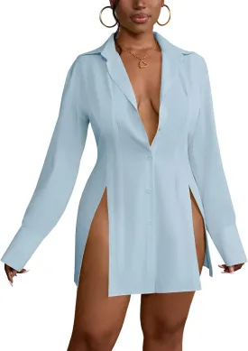 LYANER Women's Button Down Shirt Dress Collar V Neck Long Sleeve Slit Sexy Shirt Dresses