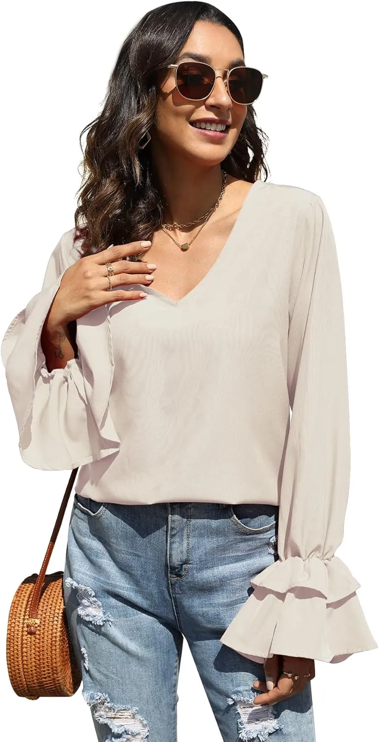 LYANER Women's Casual V Neck Tiered Ruffle Bell Long Sleeve Blouse Shirt Tunic Top