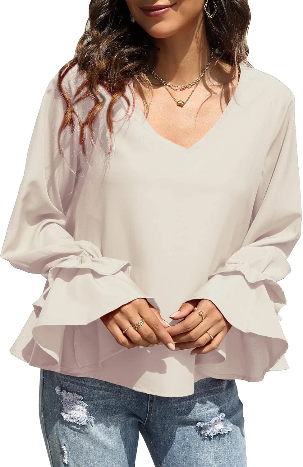 LYANER Women's Casual V Neck Tiered Ruffle Bell Long Sleeve Blouse Shirt Tunic Top