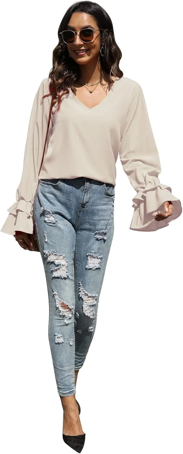 LYANER Women's Casual V Neck Tiered Ruffle Bell Long Sleeve Blouse Shirt Tunic Top