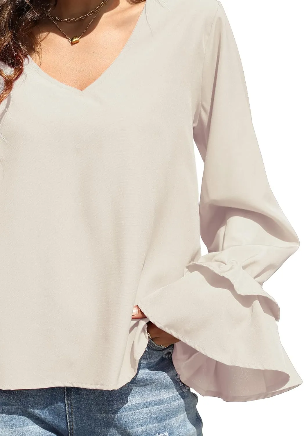 LYANER Women's Casual V Neck Tiered Ruffle Bell Long Sleeve Blouse Shirt Tunic Top
