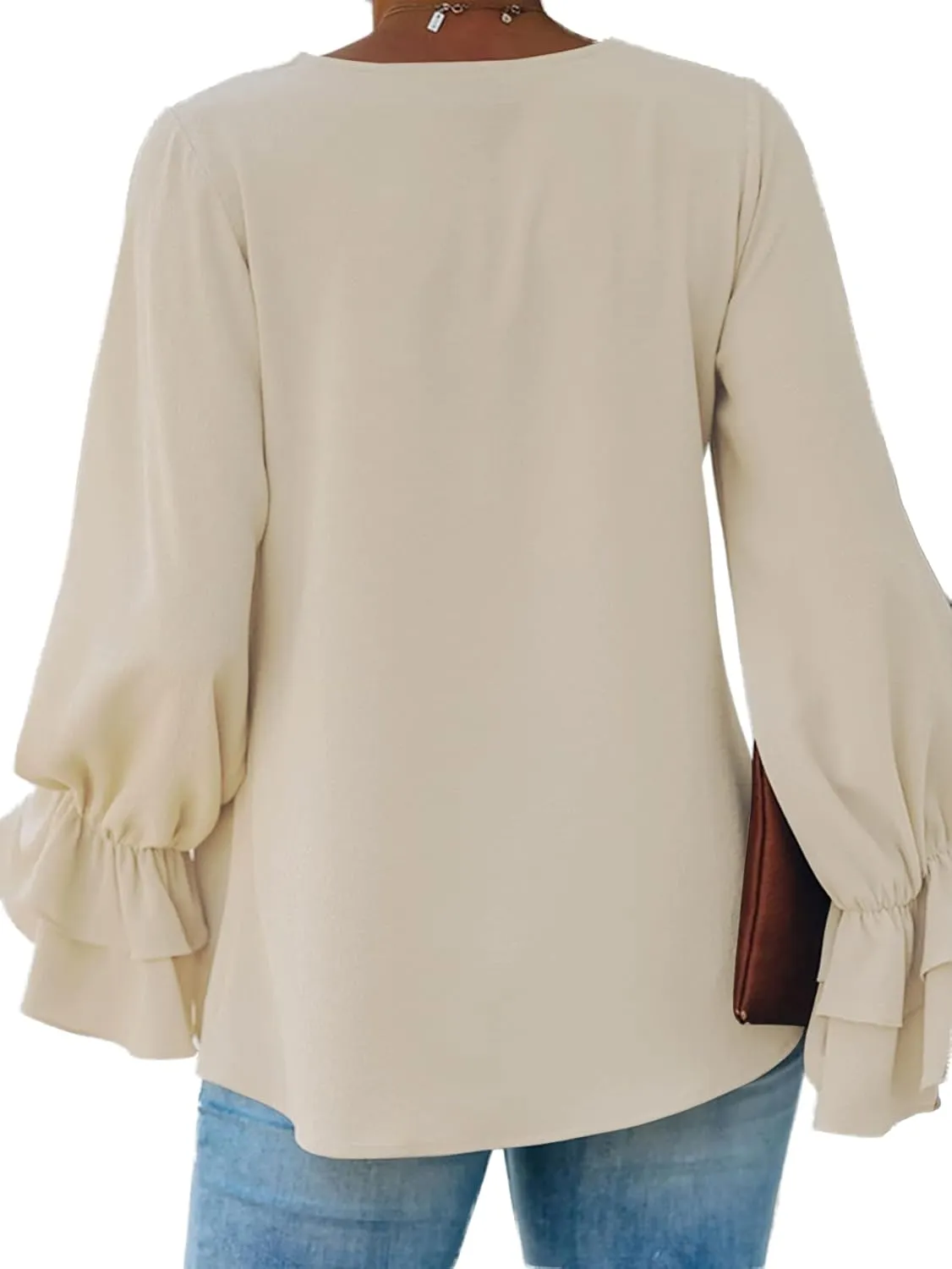 LYANER Women's Casual V Neck Tiered Ruffle Bell Long Sleeve Blouse Shirt Tunic Top