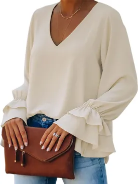 LYANER Women's Casual V Neck Tiered Ruffle Bell Long Sleeve Blouse Shirt Tunic Top