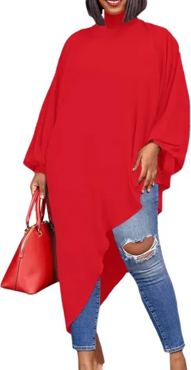 LYANER Women's Mock Neck Asymmetrical High Low Balloon Long Sleeve Long Shirt Blouse Tunic Top