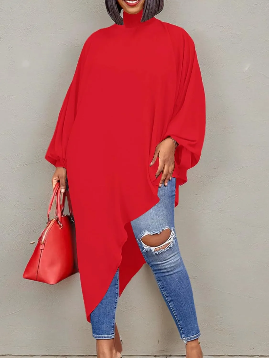 LYANER Women's Mock Neck Asymmetrical High Low Balloon Long Sleeve Long Shirt Blouse Tunic Top