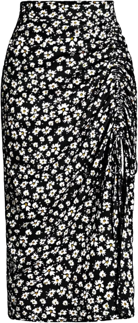 MakeMeChic Women's Ditsy Floral Midi Skirt High Waist Split Thigh Drawstring Ruched Boho Skirt